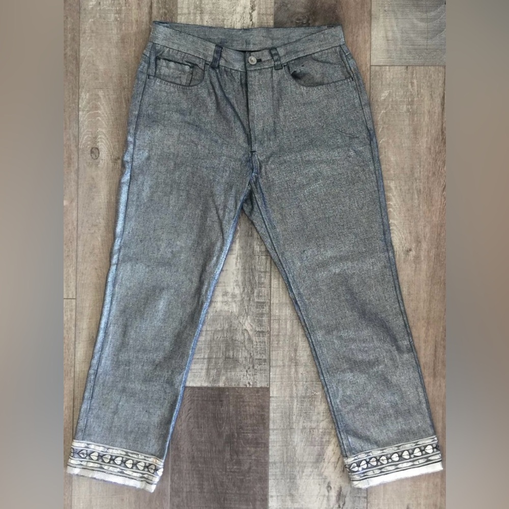womens DKNY silver metallic denim jeans / pants with trim embellished hem sz 8